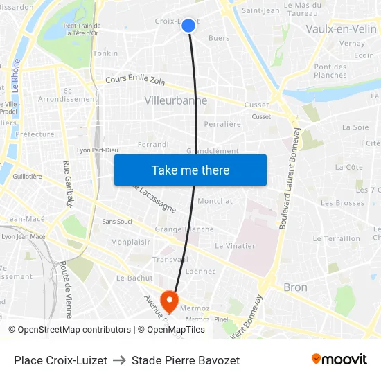 Place Croix-Luizet to Stade Pierre Bavozet map