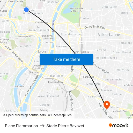 Place Flammarion to Stade Pierre Bavozet map