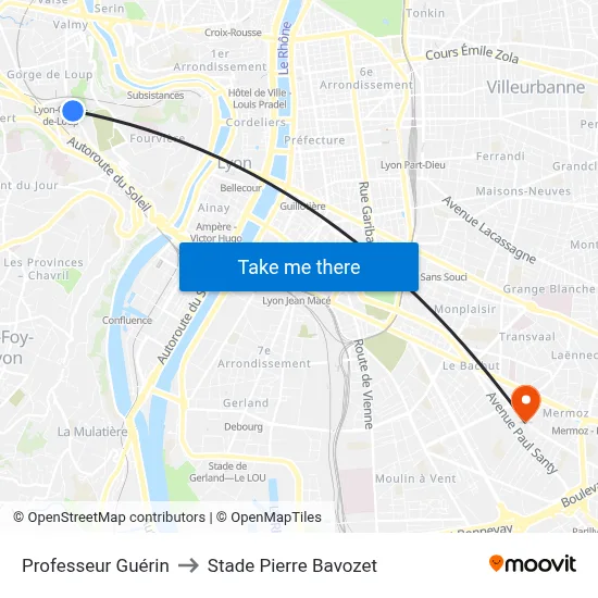 Professeur Guérin to Stade Pierre Bavozet map