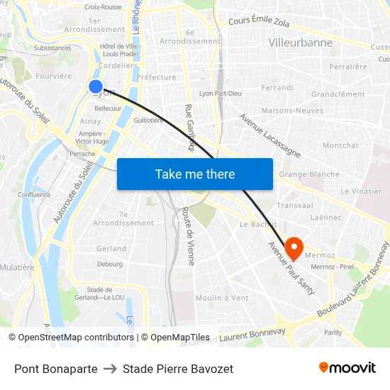 Pont Bonaparte to Stade Pierre Bavozet map