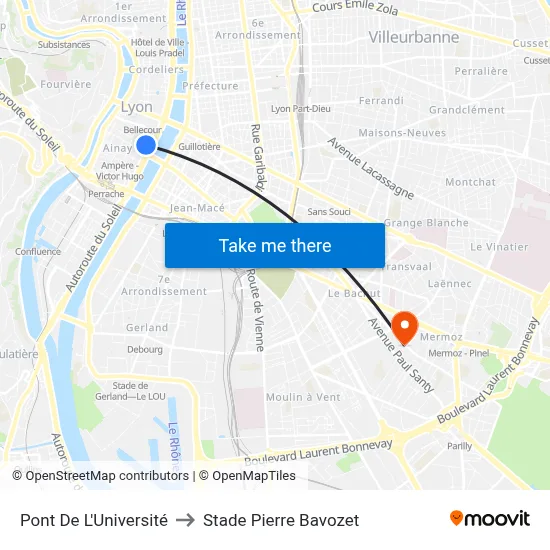 Pont De L'Université to Stade Pierre Bavozet map