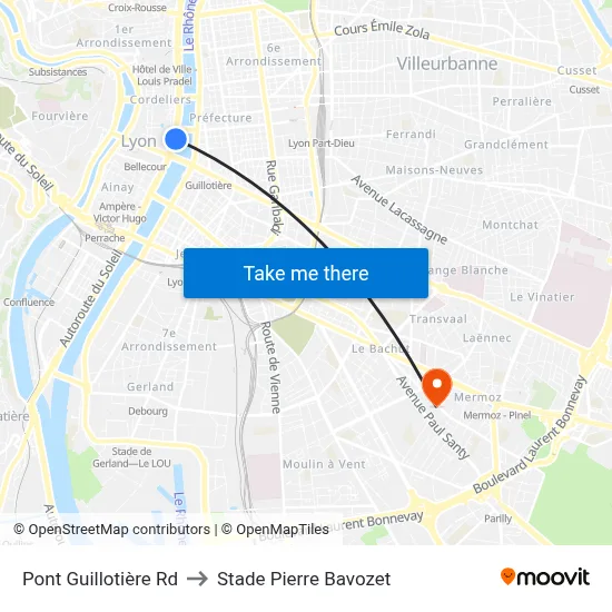 Pont Guillotière Rd to Stade Pierre Bavozet map