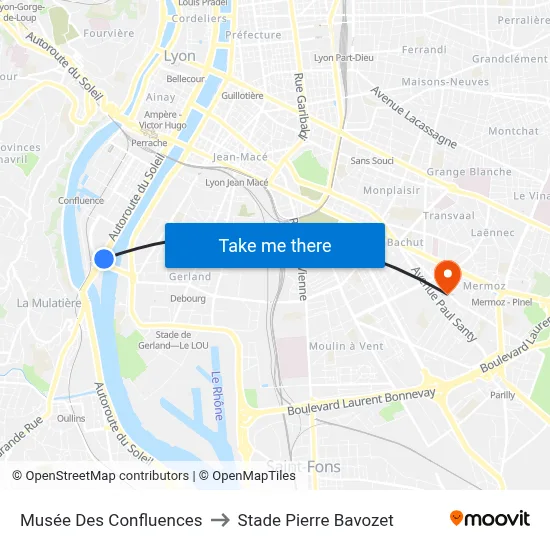 Musée Des Confluences to Stade Pierre Bavozet map