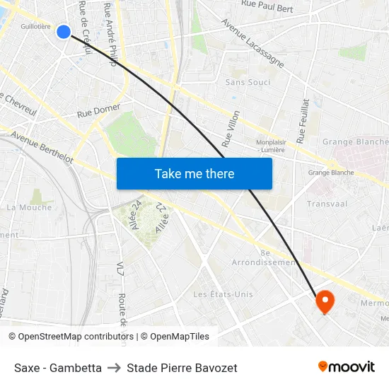 Saxe - Gambetta to Stade Pierre Bavozet map