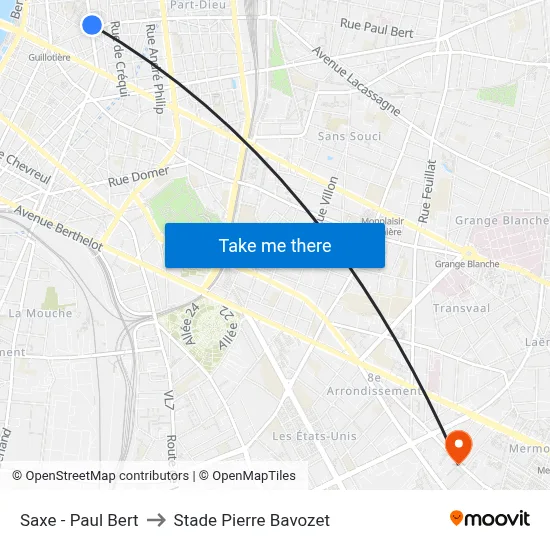 Saxe - Paul Bert to Stade Pierre Bavozet map