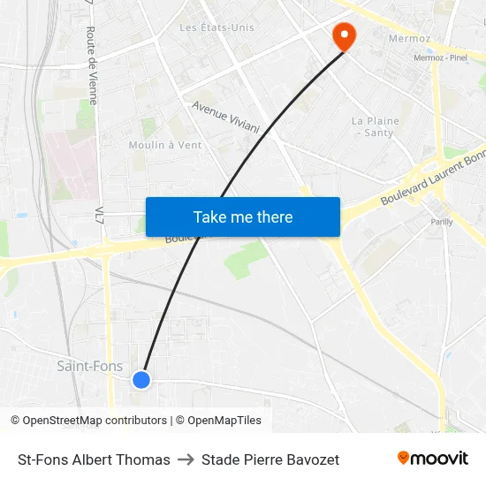 St-Fons Albert Thomas to Stade Pierre Bavozet map