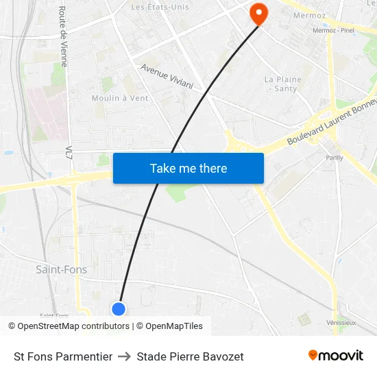 St Fons Parmentier to Stade Pierre Bavozet map