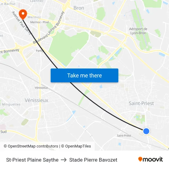 St-Priest Plaine Saythe to Stade Pierre Bavozet map