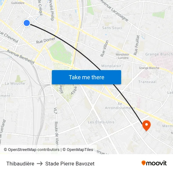 Thibaudière to Stade Pierre Bavozet map