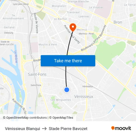 Vénissieux Blanqui to Stade Pierre Bavozet map