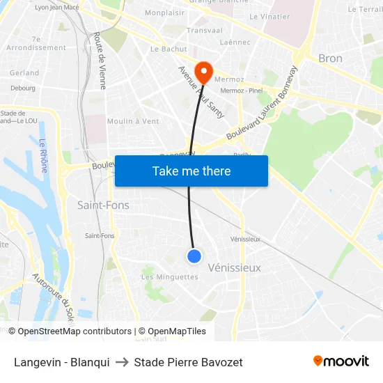 Langevin - Blanqui to Stade Pierre Bavozet map