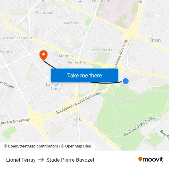 Lionel Terray to Stade Pierre Bavozet map