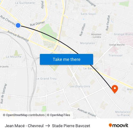 Jean Macé - Chevreul to Stade Pierre Bavozet map