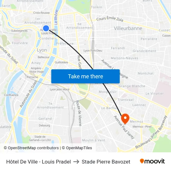 Hôtel De Ville - Louis Pradel to Stade Pierre Bavozet map