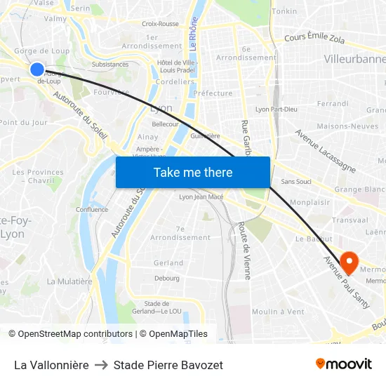 La Vallonnière to Stade Pierre Bavozet map
