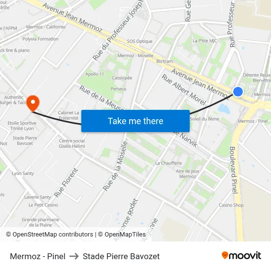 Mermoz - Pinel to Stade Pierre Bavozet map