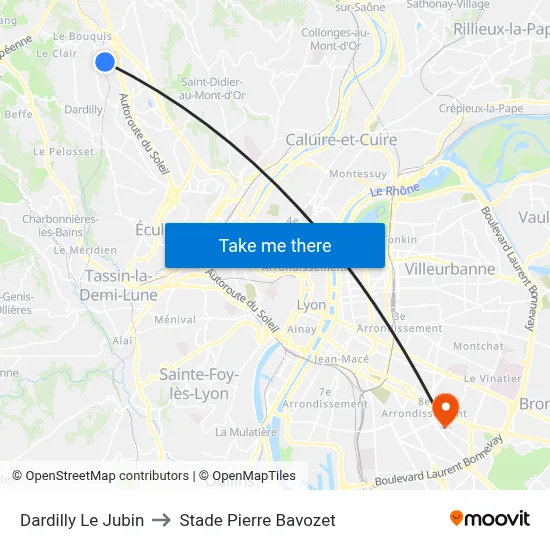 Dardilly Le Jubin to Stade Pierre Bavozet map