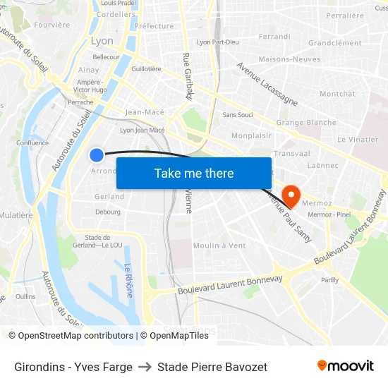 Girondins - Yves Farge to Stade Pierre Bavozet map