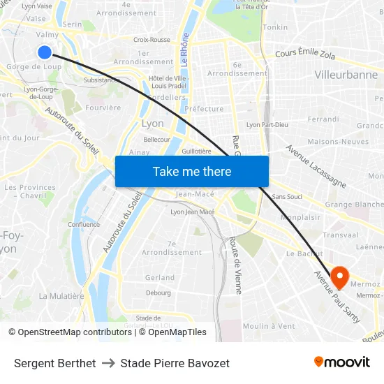 Sergent Berthet to Stade Pierre Bavozet map