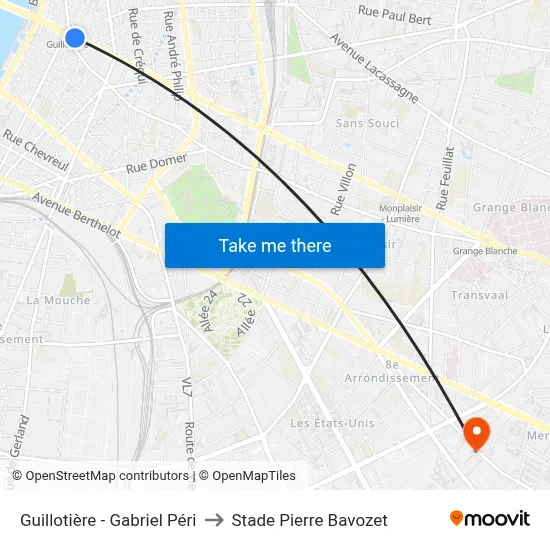Guillotière - Gabriel Péri to Stade Pierre Bavozet map