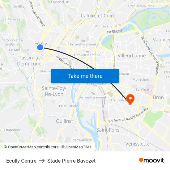 Ecully Centre to Stade Pierre Bavozet map