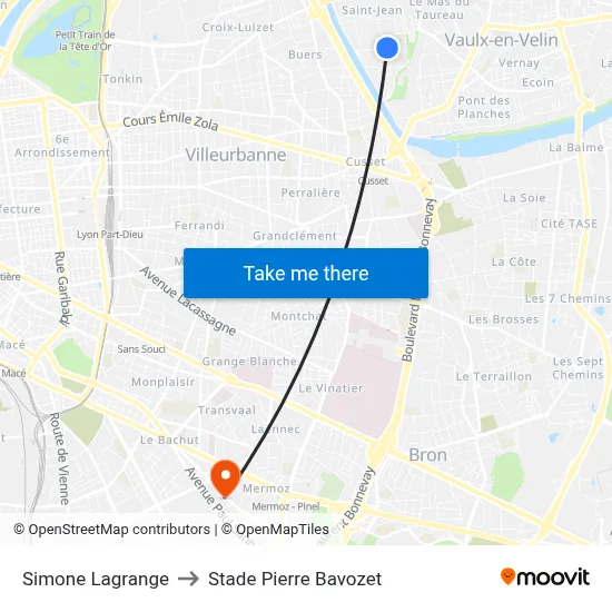 Simone Lagrange to Stade Pierre Bavozet map