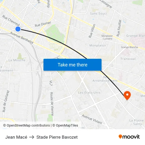 Jean Macé to Stade Pierre Bavozet map