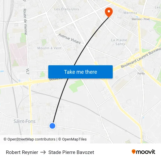 Robert Reynier to Stade Pierre Bavozet map