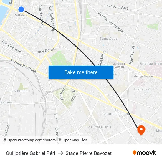 Guillotière Gabriel Péri to Stade Pierre Bavozet map