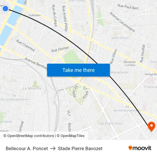 Bellecour A. Poncet to Stade Pierre Bavozet map