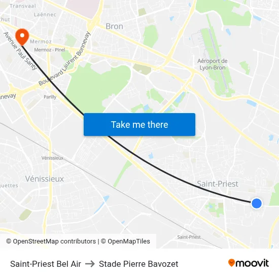 Saint-Priest Bel Air to Stade Pierre Bavozet map