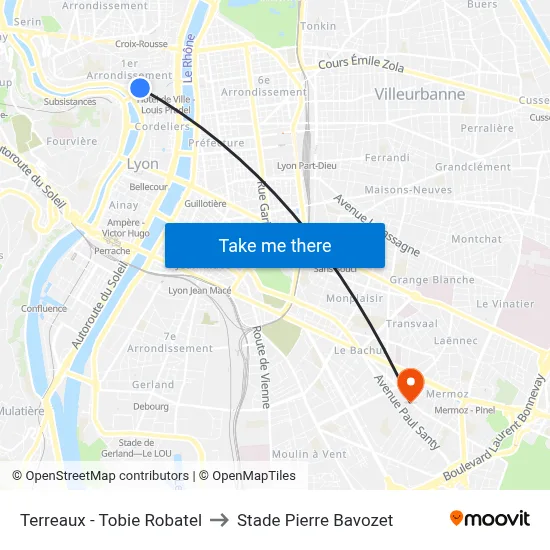 Terreaux - Tobie Robatel to Stade Pierre Bavozet map