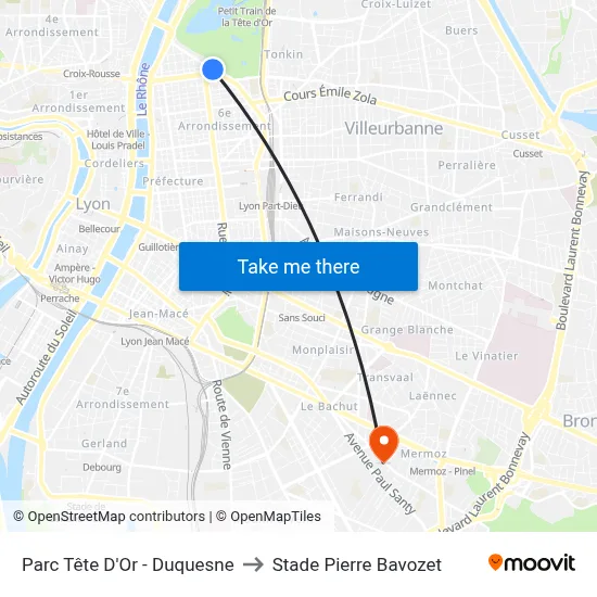 Parc Tête D'Or - Duquesne to Stade Pierre Bavozet map