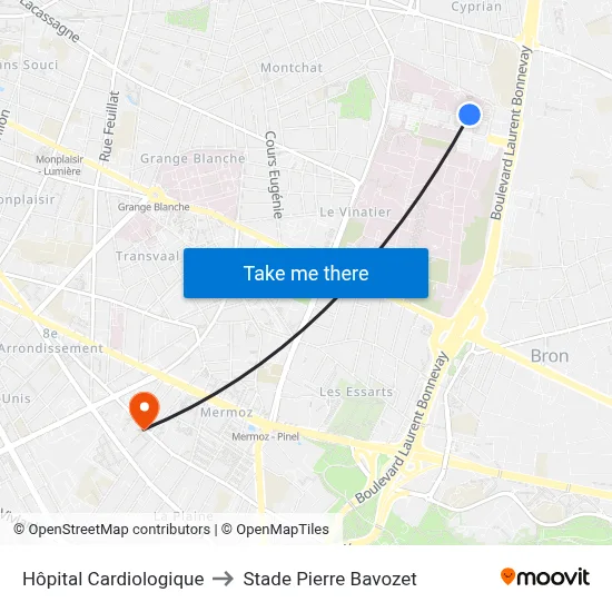 Hôpital Cardiologique to Stade Pierre Bavozet map