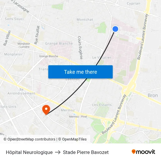 Hôpital Neurologique to Stade Pierre Bavozet map