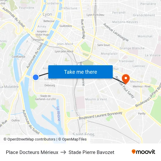 Place Docteurs Mérieux to Stade Pierre Bavozet map