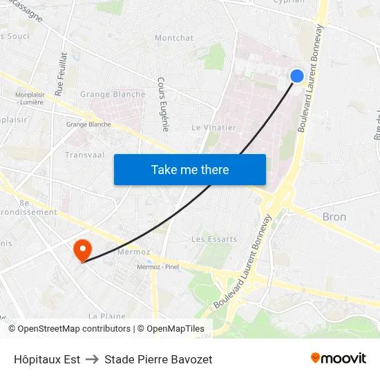 Hôpitaux Est to Stade Pierre Bavozet map