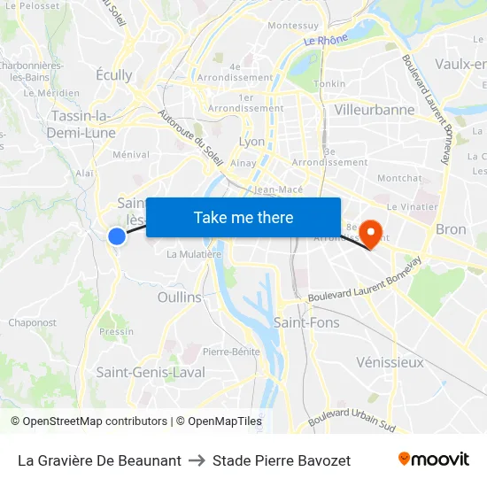 La Gravière De Beaunant to Stade Pierre Bavozet map
