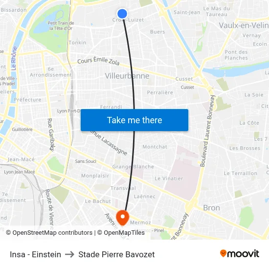 Insa - Einstein to Stade Pierre Bavozet map
