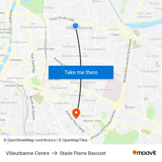 Villeurbanne Centre to Stade Pierre Bavozet map