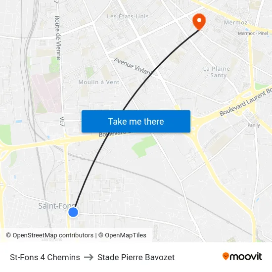 St-Fons 4 Chemins to Stade Pierre Bavozet map