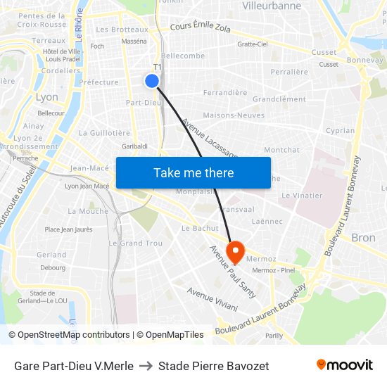 Gare Part-Dieu V.Merle to Stade Pierre Bavozet map