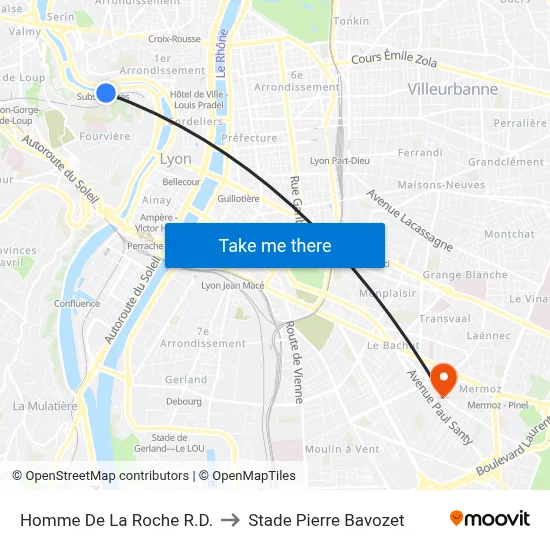 Homme De La Roche R.D. to Stade Pierre Bavozet map