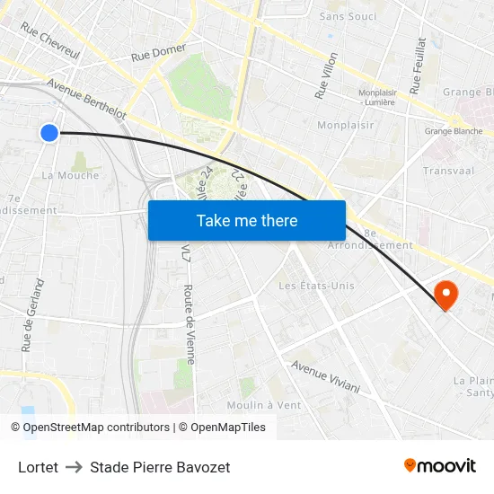 Lortet to Stade Pierre Bavozet map