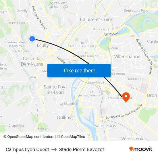 Campus Lyon Ouest to Stade Pierre Bavozet map