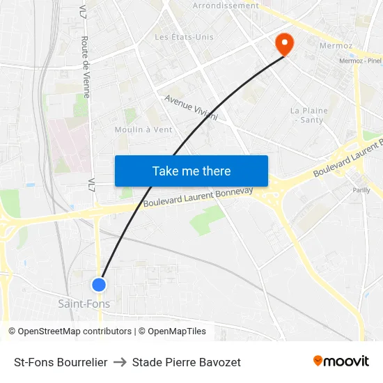 St-Fons Bourrelier to Stade Pierre Bavozet map