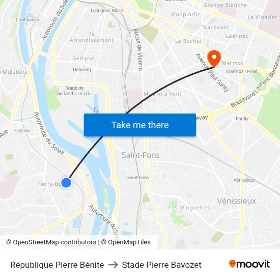 République Pierre Bénite to Stade Pierre Bavozet map