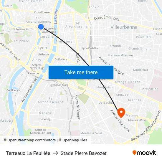 Terreaux La Feuillée to Stade Pierre Bavozet map