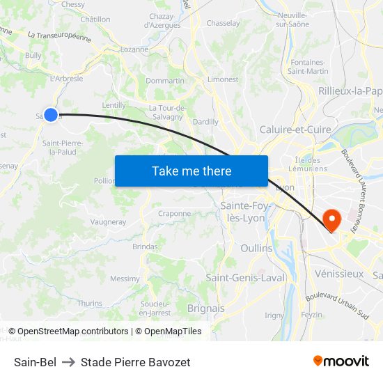 Sain-Bel to Stade Pierre Bavozet map
