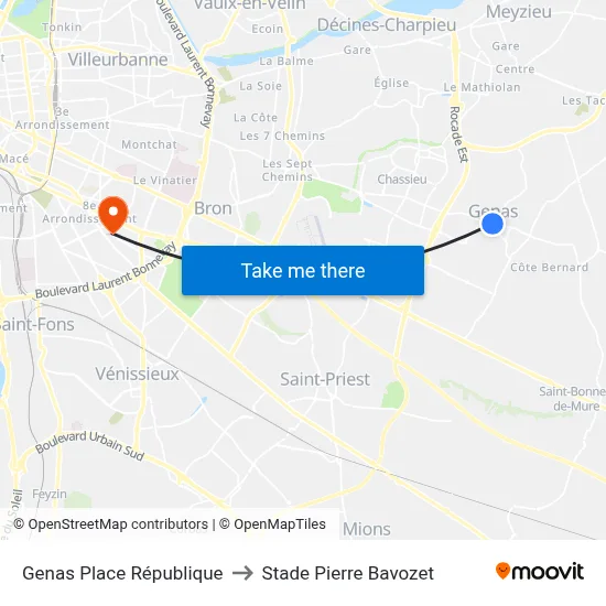 Genas Place République to Stade Pierre Bavozet map